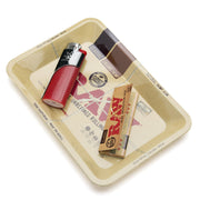 Mini rolling tray holding lighter and RAW papers